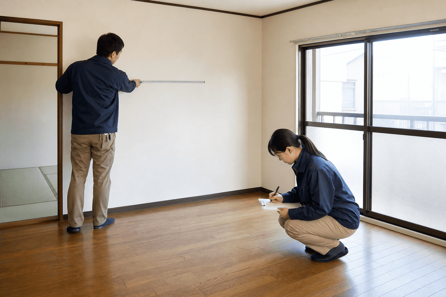 賃貸物件の室内を現地調査する担当者