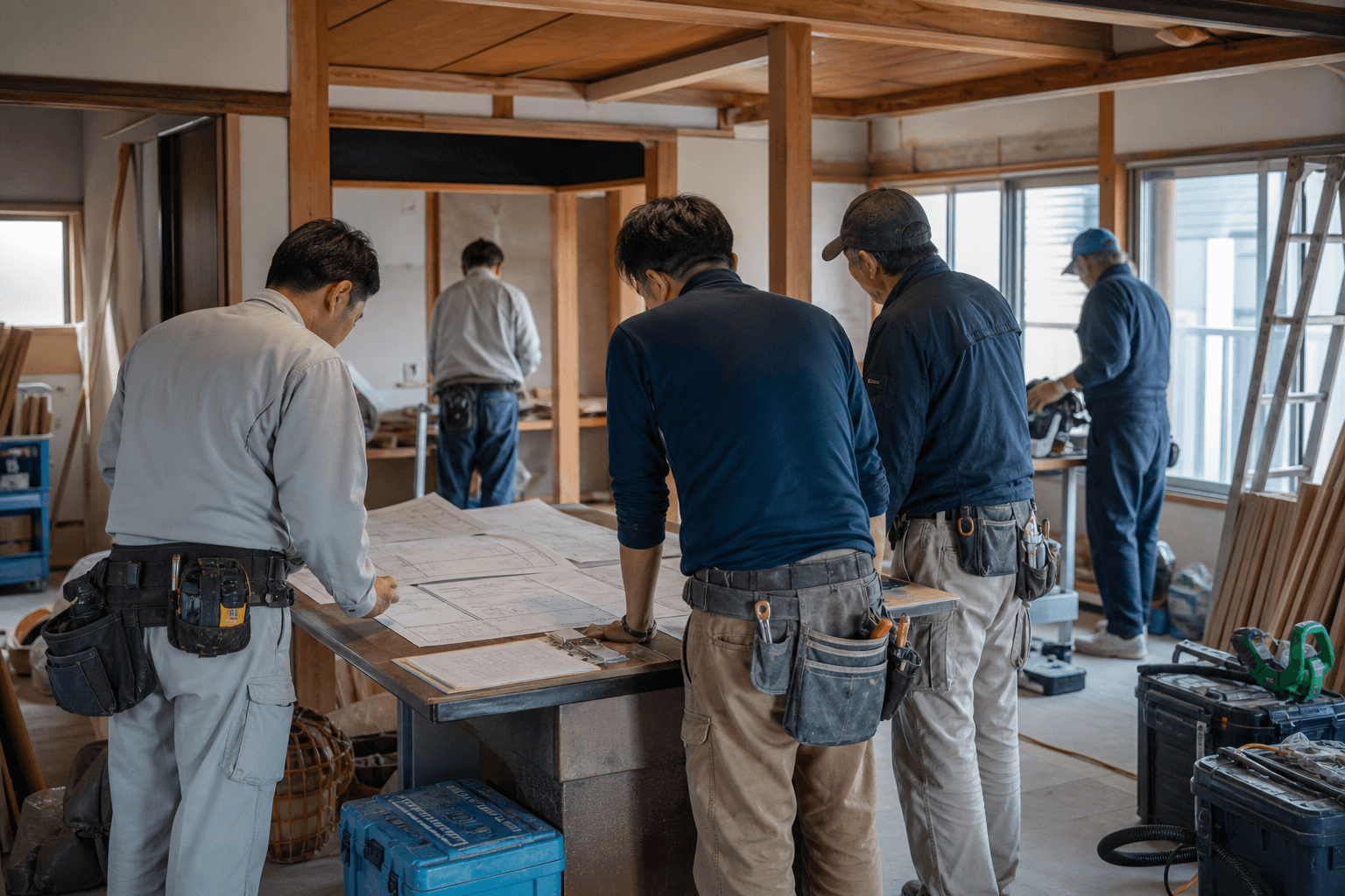 複数の職人が現場で打ち合わせをする様子